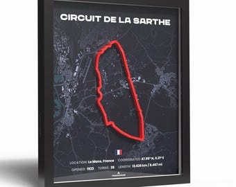 Póster 3D del Circuito de la Sarthe · Arte mural del circuito de Le Mans · Objetos de recuerdo de carreras de resistencia para aficionados al automovilismo