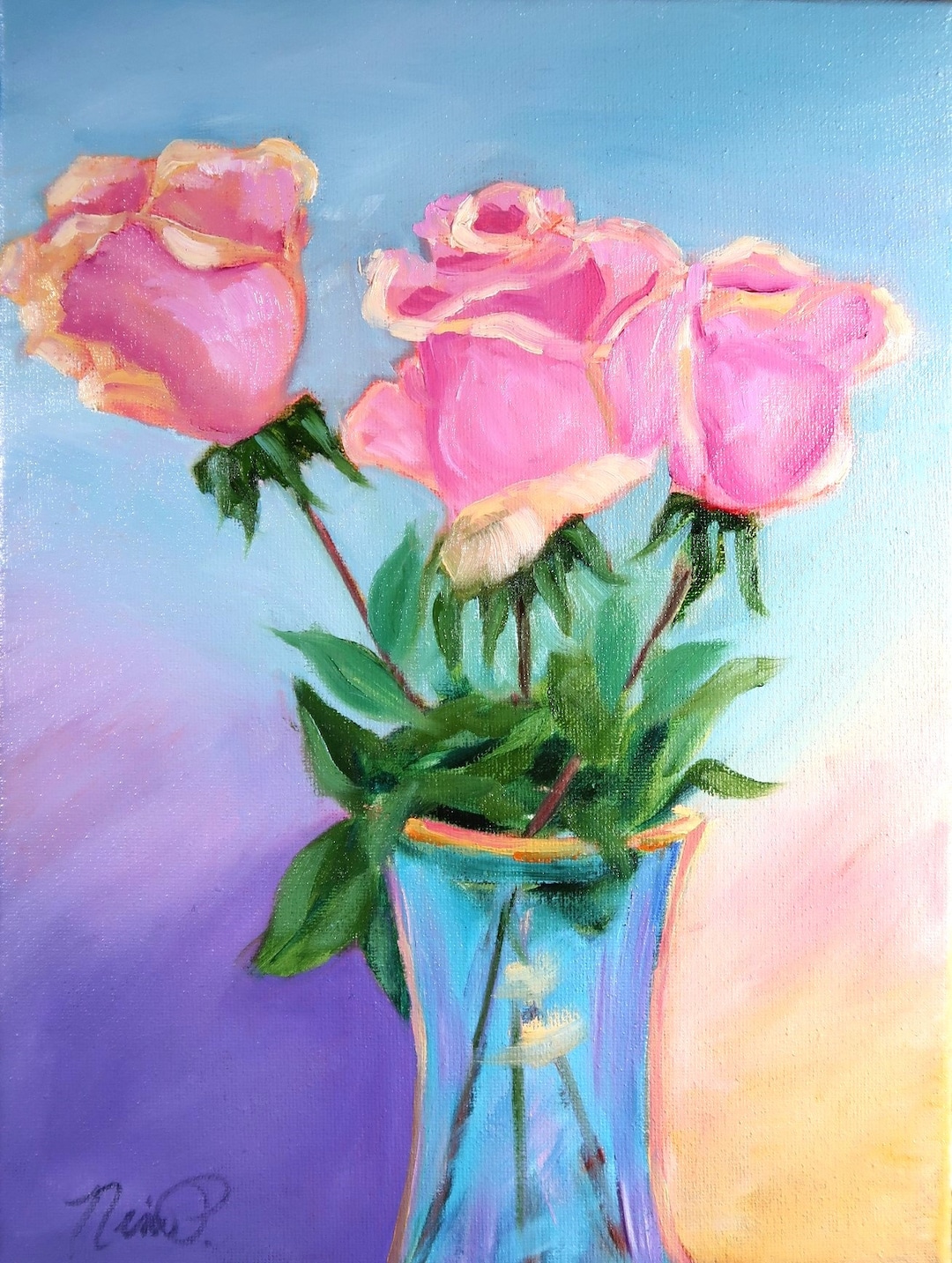 ORIGINAL PAINTING - Pink Roses 9x12 Still Life in Oil, Floral Decor ...