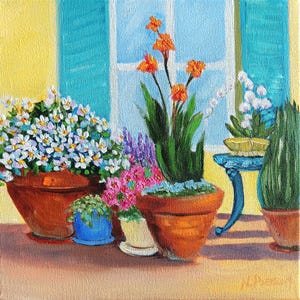 May include: An oil painting depicts a collection of potted flowers in front of a window. The flowers include white, pink, purple, and orange blooms. The pots are terracotta, and the window frame is blue.