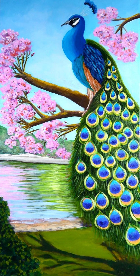 Peacock & Cherry Blossom Painting, 20x10 Inches, Bird Lover