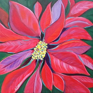 Poinsettia Painting 12x12, Painting by Artist, Flower Art, Christmas Flower, Red Flowers, fine art, wall art, modern art, Christmas Decor