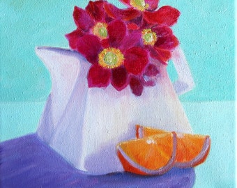 Orange slices Painting, Clematis Painting, Colorful Flowers, Small Kitchen Decor, Unique gift for her, Original hand Painted, alla prima 8x8