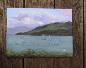 Airlie Bay Oil Painting: Seascape of Australia - Coastal Seascape with Sailboats, Australian Art (9x12) WALL ART