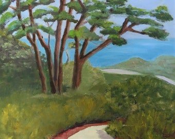 Point Loma Pathway, Cabrillo National Monument Trail, Oil Painting, Plein air Painting, Cypress Trees, San Diego Painting, Home Decor, 8x10