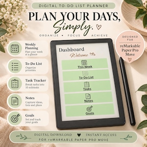 Puede incluir: Un planificador digital de tareas para reMarkable Paper Pro Move con un panel que incluye This Week, To-Do List, Tasks, Notes y Goals. La pantalla muestra un mensaje de bienvenida e iconos, junto a un lápiz óptico negro.