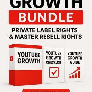 May include: A promotional image for a YouTube Growth Bundle. The image features the words "YOUTUBE GROWTH BUNDLE" in large, bold text, with supporting text below. The image includes a box, a checklist, and a guide, all with the words "YOUTUBE GROWTH". The image also includes the text "GET IT NOW ON ETSY".