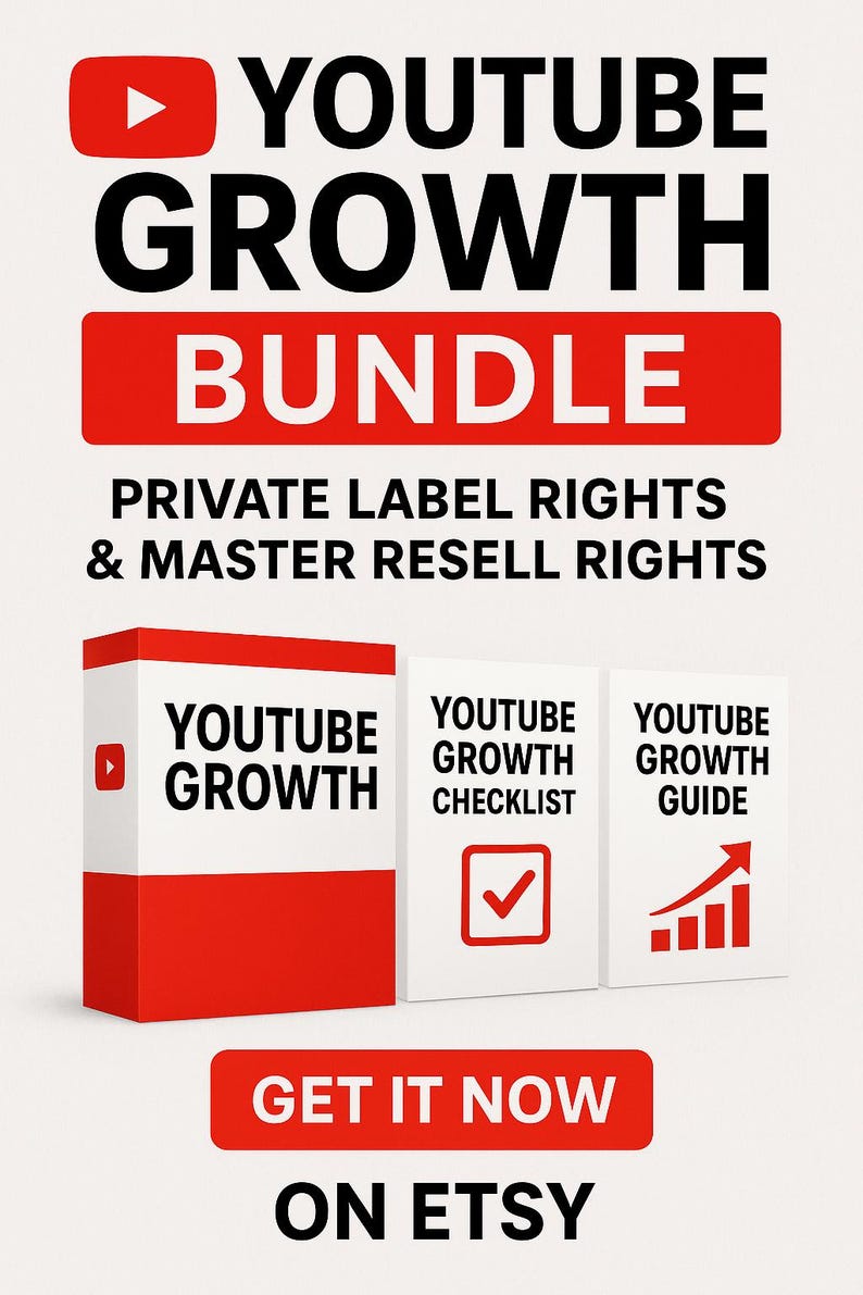 May include: A promotional image for a YouTube Growth Bundle. The image features the words "YOUTUBE GROWTH BUNDLE" in large, bold text, with supporting text below. The image includes a box, a checklist, and a guide, all with the words "YOUTUBE GROWTH". The image also includes the text "GET IT NOW ON ETSY".