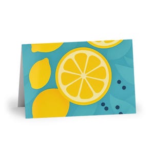 Cartões comemorativos, limões, cores frias, cartões em branco, conjunto de papelaria, design cítrico, cartões de anotações, cartões feitos à mão, cartões pensando em você