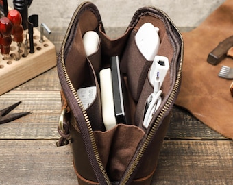 Personalized Leather Tech Organizer Bag | Handmade Electronics Accessories Travel Case for Cables, Chargers & Gadgets | leather gift for mom