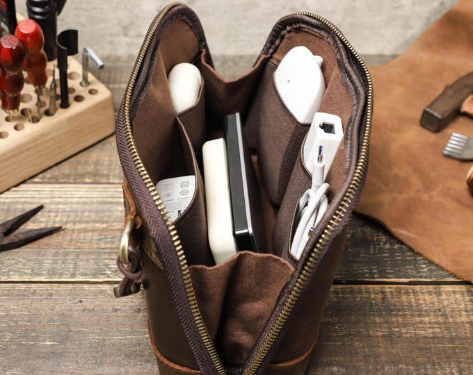 Personalized Leather Tech Organizer Bag | Handmade Electronics Accessories Travel Case for Cables, Chargers & Gadgets | leather gift for mom