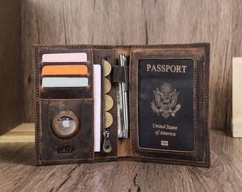 Personalized Leather Passport Wallet | Handmade RFID Blocking Travel Case with AirTag Slot & Card Holder | Travel gift for mom