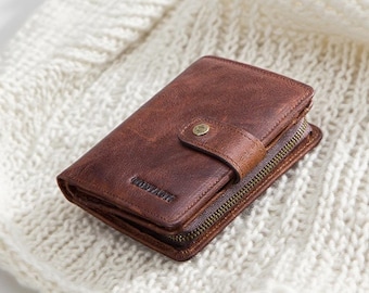 Handmade Leather Bifold Wallet | Vintage Snap Zipper Closure Purse | Leather Wallet Card Holder | Personalized Anniversary & Christmas Gift