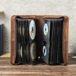 Vintage Leather CD Case | Handmade Disc Organizer for 56-Disc | Car Travel Wallet with Wrist Strap | Retro Genuine Leather Storage Bag image 9