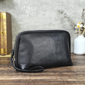 Personalized Leather Tech Organizer Bag | Handmade Electronics Accessories Travel Case for Cables, Chargers & Gadgets | leather gift for mom Black