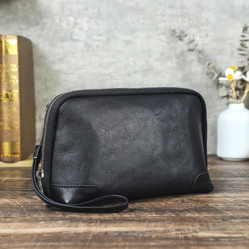 Personalized Leather Tech Organizer Bag | Handmade Electronics Accessories Travel Case for Cables, Chargers & Gadgets | leather gift for mom Black