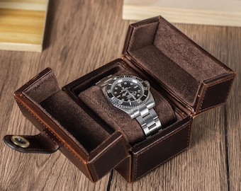 Personalized Leather Watch Box |Crazy Horse Travel Watch Case | Vintage Watch Organizer for Men |Magnetic Clasp Case | Valentine's Day gift