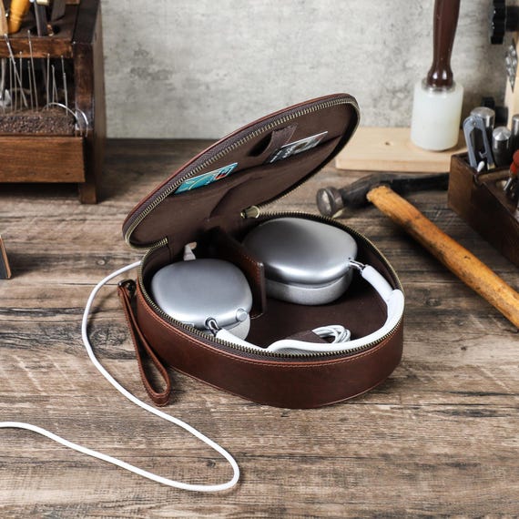 Personalized Leather Headphone Case for AirPods Max & Sony XM4 XM5 XM6 | Handmade Protective Travel Storage Bag with Hook | Gift for Him