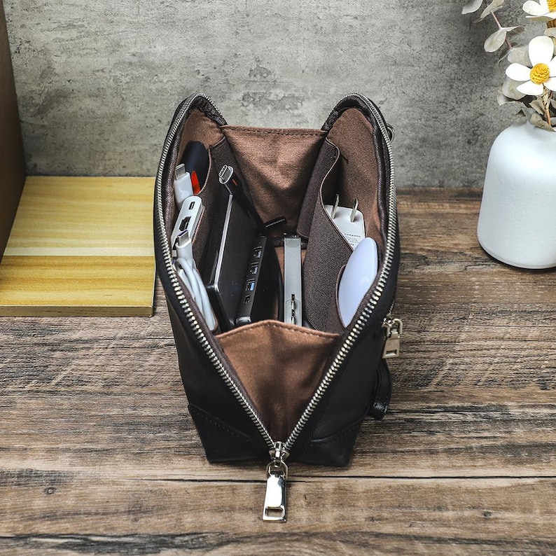 Personalized Leather Tech Organizer Bag | Handmade Electronics Accessories Travel Case for Cables, Chargers & Gadgets | leather gift for mom image 12