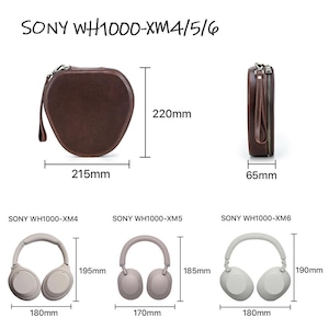 Op de afbeelding: Afbeelding toont een bruine leren etui voor Sony WH1000-XM4/5/6 hoofdtelefoons, afmetingen 21,5 cm x 22 cm x 6,5 cm. Ook afgebeeld zijn drie hoofdtelefoonmodellen: WH1000-XM4 (18 cm x 19,5 cm), WH1000-XM5 (17 cm x 18,5 cm) en WH1000-XM6 (18 cm x 19 cm).