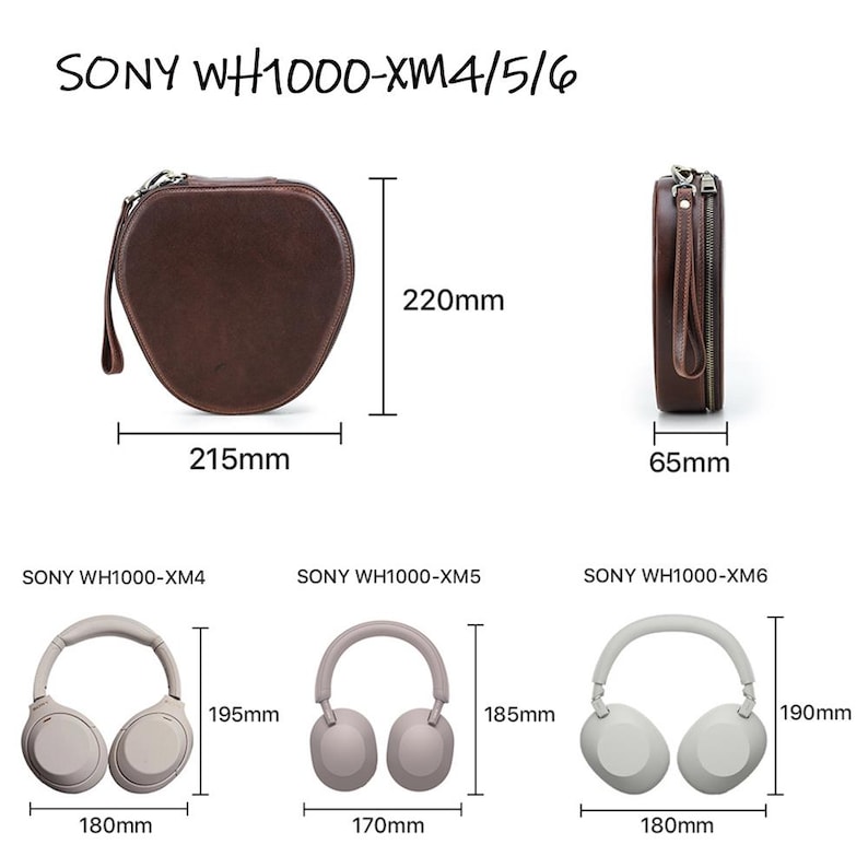 Op de afbeelding: Afbeelding toont een bruine leren etui voor Sony WH1000-XM4/5/6 hoofdtelefoons, afmetingen 21,5 cm x 22 cm x 6,5 cm. Ook afgebeeld zijn drie hoofdtelefoonmodellen: WH1000-XM4 (18 cm x 19,5 cm), WH1000-XM5 (17 cm x 18,5 cm) en WH1000-XM6 (18 cm x 19 cm).