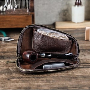 Leren opberger voor rookkit – compact etui voor pijpen en tabak met ritssluiting, aanstekerhouder, reisvriendelijk, reisetui voor tabakspijpen
