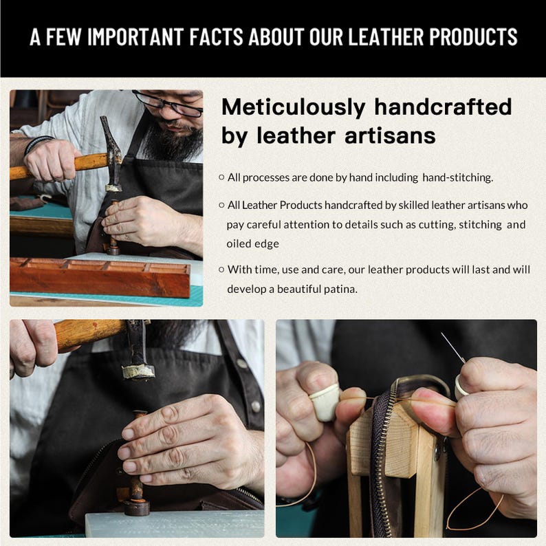 May include: Image showcasing the craftsmanship of leather artisans. The text reads "A Few Important Facts About Our Leather Products." The image shows hands working with leather, including hand-stitching and cutting. The text also mentions the products will develop a patina.