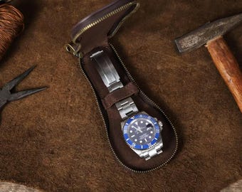 Personalized Leather Watch Case | Slim Zippered Travel Watch Holder | Crazy Horse Leather Protective Sleeve | Custom Gift for Watch Lovers