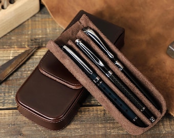 Étui à stylos en cuir personnalisé | 3 porte-stylos faits main avec rabat magnétique | Cadeau de luxe pour écrivains, enseignants et professionnels|Cadeaux de Noël