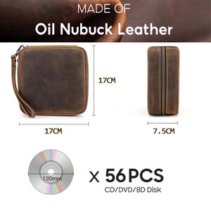 May include: A brown Oil Nubuck leather CD/DVD/BD disk case. The square case is 17cm x 17cm, with a wrist strap. A second, rectangular case is 7.5cm wide. The image also shows a CD with a 120mm diameter and the text "x 56 PCS".