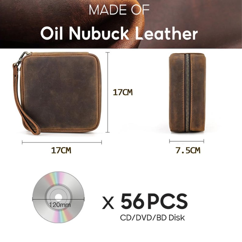 May include: A brown Oil Nubuck leather CD/DVD/BD disk case. The square case is 17cm x 17cm, with a wrist strap. A second, rectangular case is 7.5cm wide. The image also shows a CD with a 120mm diameter and the text "x 56 PCS".