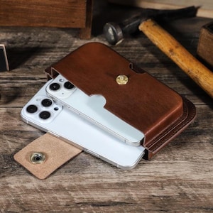 Coldre de couro personalizado para celular | Pochete de cinto feita à mão para iPhone, Samsung e Pixel | Pochete de viagem | Presente para pais e homens
