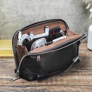 Personalized Leather Tech Organizer Bag | Handmade Electronics Accessories Travel Case for Cables, Chargers & Gadgets | leather gift for mom image 11