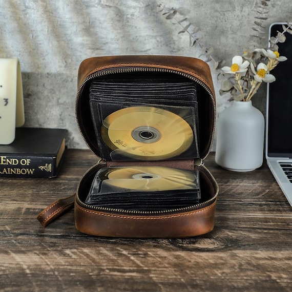 Vintage Leather CD Case | Handmade Disc Organizer for 56-Disc | Car Travel Wallet with Wrist Strap | Retro Genuine Leather Storage Bag