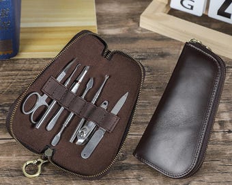 Estuche de belleza de cuero de grano completo hecho a mano / Organizador de cortaúñas / Estuche de aseo de viaje / Regalo para ella