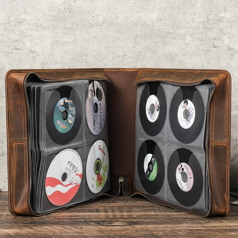 Vintage Leather CD Case | Handmade Disc Organizer for 56-Disc | Car Travel Wallet with Wrist Strap | Retro Genuine Leather Storage Bag image 11