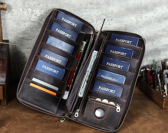 Leather Passport Organizer | Personalized Passport Holder | Large-Capacity Passport Organizer Designed for Family Travel | Gift for traveler