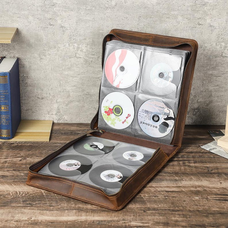 Vintage Leather CD Case | Handmade Disc Organizer for 56-Disc | Car Travel Wallet with Wrist Strap | Retro Genuine Leather Storage Bag L: 224-Dics
