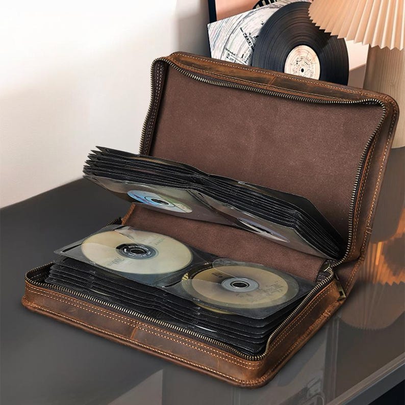Vintage Leather CD Case | Handmade Disc Organizer for 56-Disc | Car Travel Wallet with Wrist Strap | Retro Genuine Leather Storage Bag M: 80 Dics