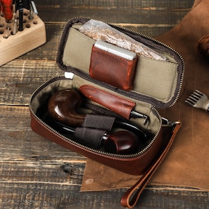Personalized Leather Pipe Case | Handmade Tobacco Pouch with Dual Pipe Storage & Lighter Pocket | Luxury Travel Gift for Pipe Smokers