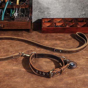 Op de afbeelding: Een bruine leren hondenriem en halsband set. De halsband heeft een metalen gesp en verstelgaten. De riem heeft een bijpassende handgreep en metalen sluiting. De set wordt gepresenteerd op een bruin oppervlak.