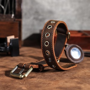 Personalized Leather Dog Collar | Handmade Full Grain Pet Collar with Airtag Holder | Luxury Adjustable Puppy & Large Dog Collars Gift