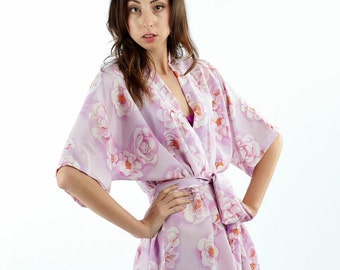 Cuarzo rosa bata de Dama floral de seda. Seda Crepe bata rosa bata Spa Robe.Ready para enviar. Flores albornoz