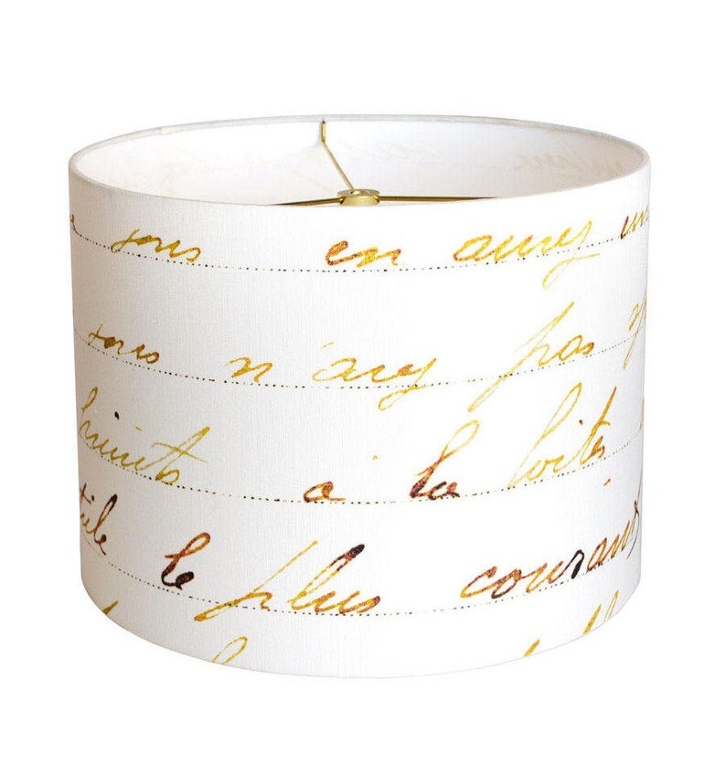 Medium Linen French Script Lamp Shade Bronze Gold And White Lampshade 10 11 12 Inch Custom Made To Order