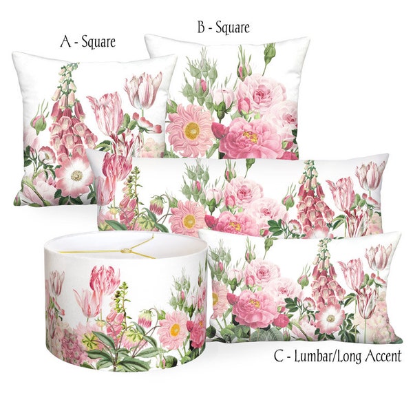 Pink Garden Party Square or Rectangular Lumbar Pillow Cover - Pillow 12x18 12x20 14x20 14x26 14x36 16x24 16x26 16x 18x 20x 22x 24x 26x 28x