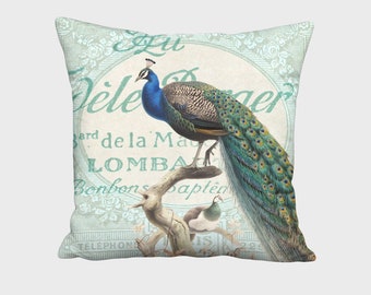 16x16 Inch READY TO SHIP - Linen Cotton Peacock Pillow Cover - French Cottage Farmhouse Decor - Fits 16 Inch Insert - Finished Size 15x15