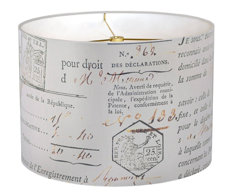 Large Linen French Doent And Script Lamp Shade Cool Grey Bronze Lampshade 13 14 15 Inch Drum Custom Made To Order