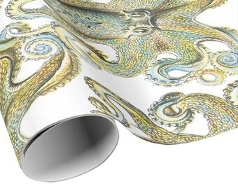 READY TO SHIP - Yellow and Blue Octopus Gift Wrap - Ocean Creature Wrapping Paper - Gift Paper - Craft Paper