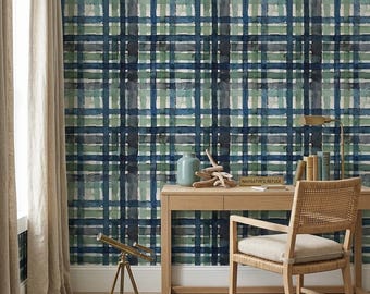 Hawthorne Estate Wallpaper Green Navy Plaid Classic Windowpane Check Cottage French Country