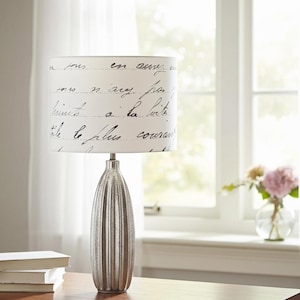 French Script Linen Drum Lamp Shade - Charcoal Grey and White Replacement Lampshade