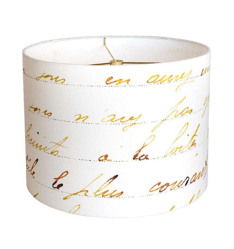Large Size 13 14 15 Inch Diameter Drum Lamp Shade Linen French Script Bronze Gold And White Lampshade